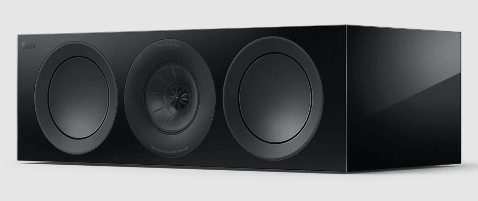 KEF R6 Meta Centre Channel Speaker in Gloss Black. Front on an angle