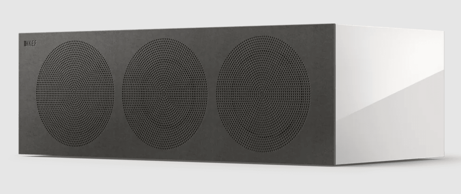 KEF R6 Meta Centre Channel Speaker in Gloss White. Front on an angle with grille.