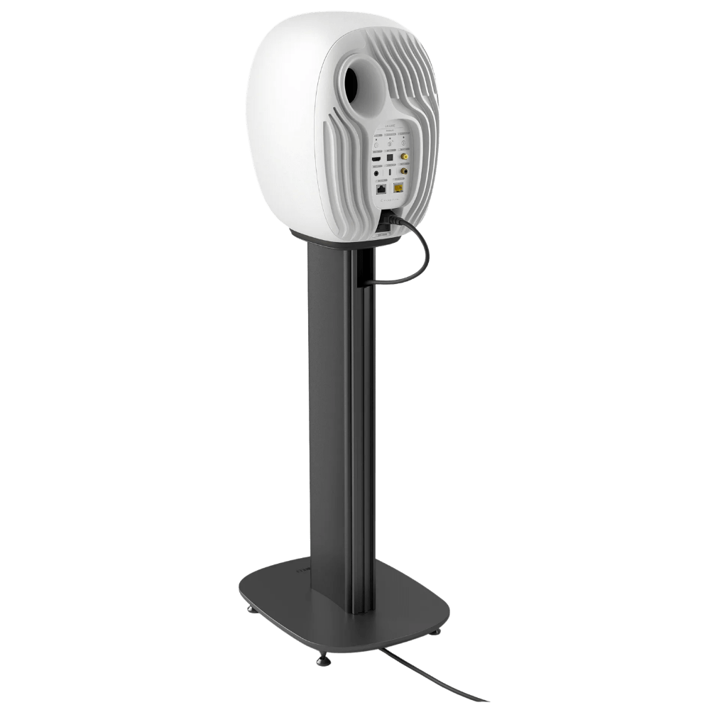 KEF S-Luxe Floor Stand with Mineral White KEF LS Luxe Bookshelf Speaker, rear view showing cable management