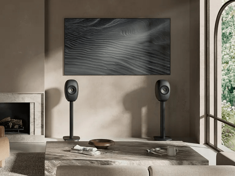 KEF S-Luxe Floor Stands with Eclipse Black KEF LS Luxe Bookshelf Speakers, mounted and in room set up