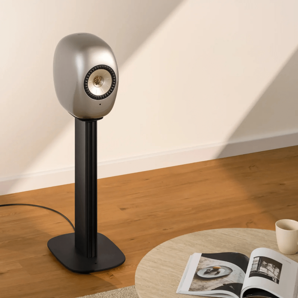 KEF S-Luxe Floor Stand with Dusk Titanium KEF LS Luxe Bookshelf Speaker, mounted and in room set up