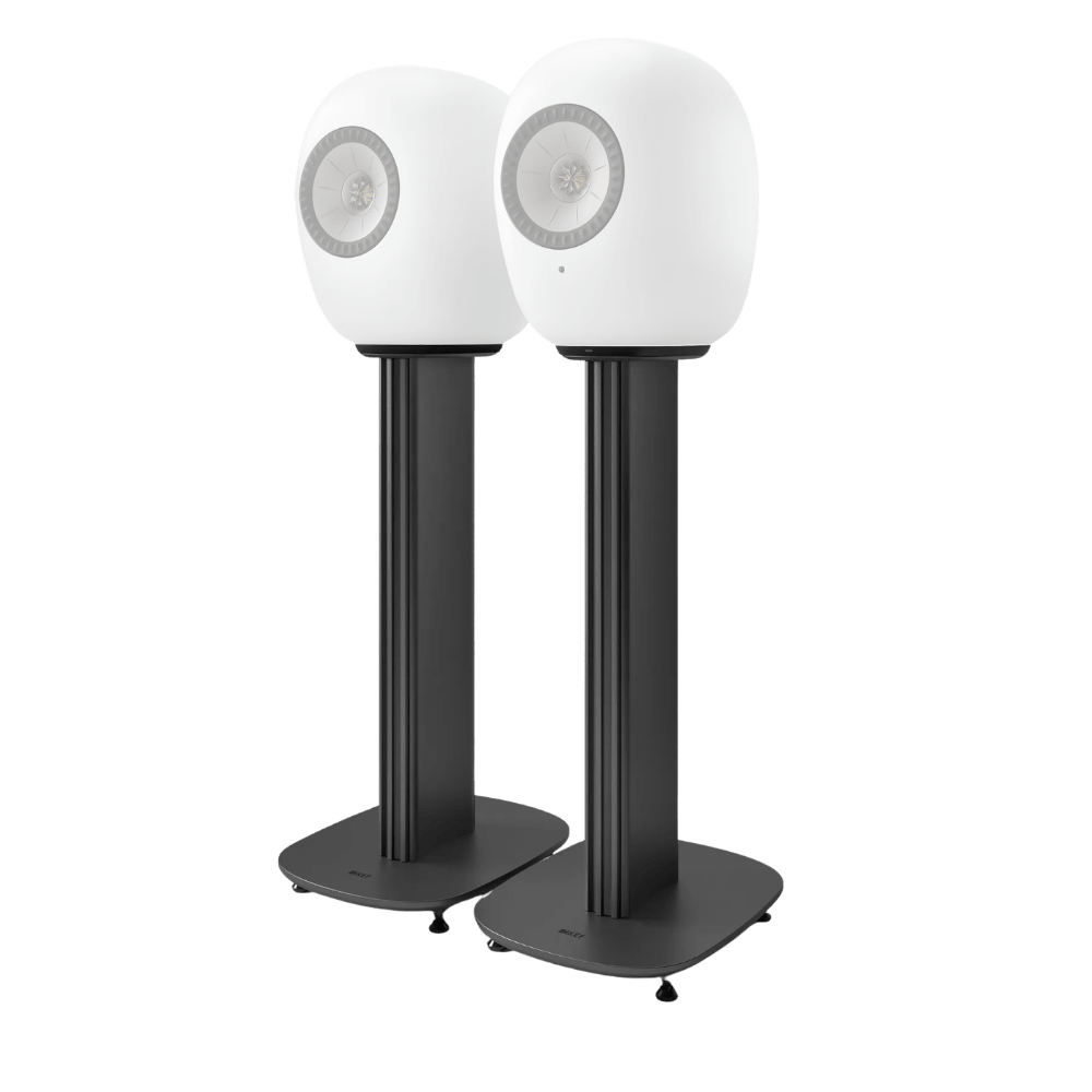 KEF S-Luxe Floor Stands with Mineral White KEF LS Luxe Bookshelf Speakers mounted
