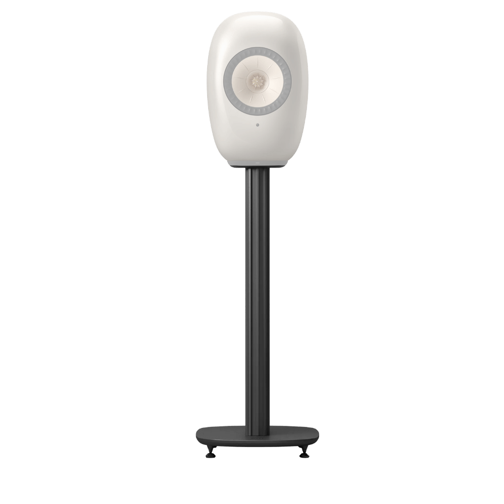 KEF S-Luxe Floor Stand with Mineral White KEF LS Luxe Bookshelf Speaker, mounted.  Front view