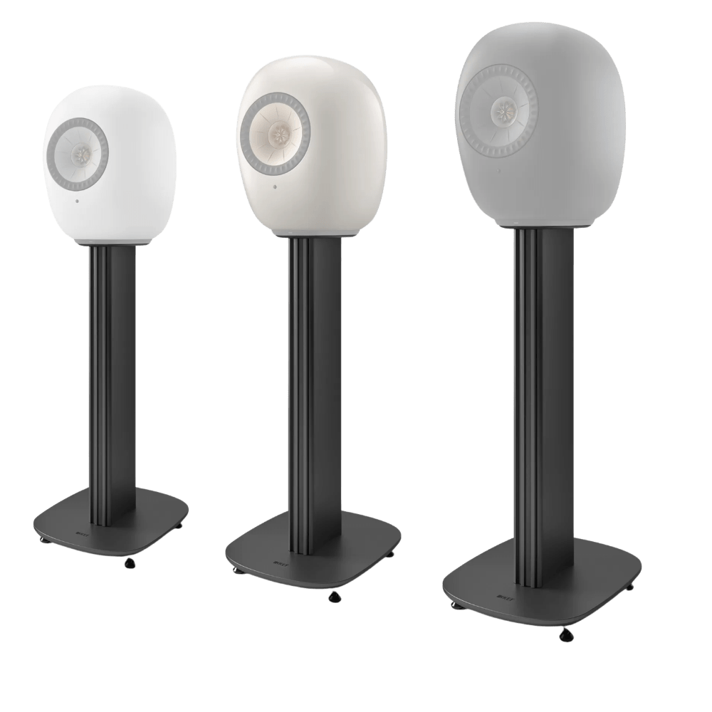 KEF S-Luxe Floor Stands with range of LS Luxe Speaker colours, Mineral White, Dusk Titanium and Eclipse Black