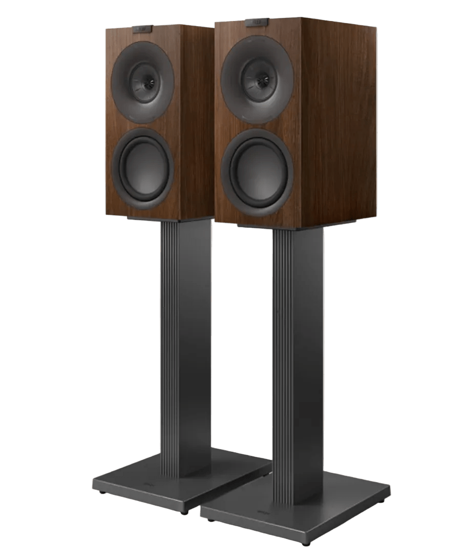 KEF SQ1 Speaker Stands in Slate Grey - mounted  with Q Concerto Meta in Walnut