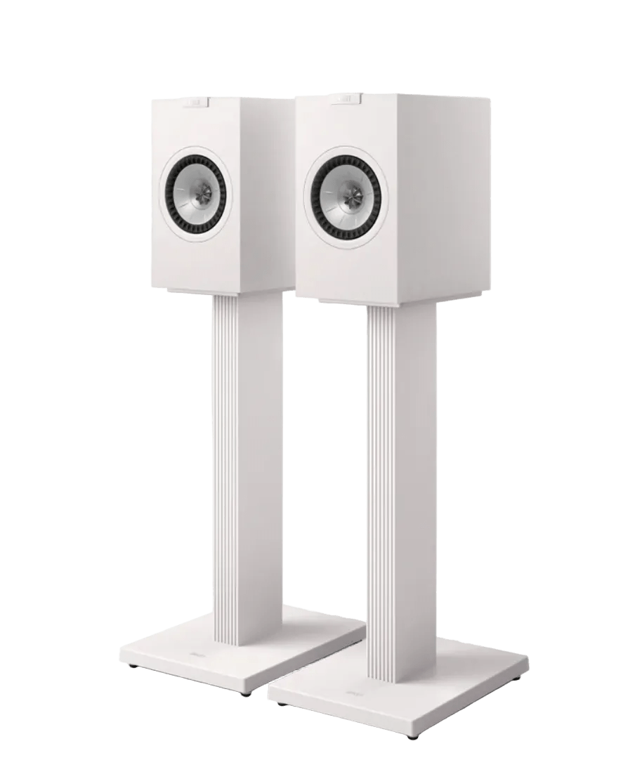 KEF SQ1 Speaker Stands in Mineral White - mounted with Q1 Meta or Q3 Meta