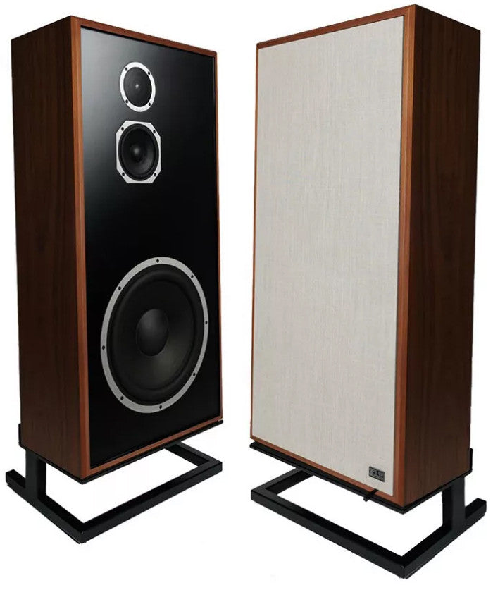 KLH Model 7 Loudspeakers in English Walnut, left without Grille and right speaker with Grille