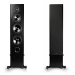 KLH Kendall 2F Floorstanding Speakers in Black Oak Veneer.  Image shows one speaker without grille, the other with grille