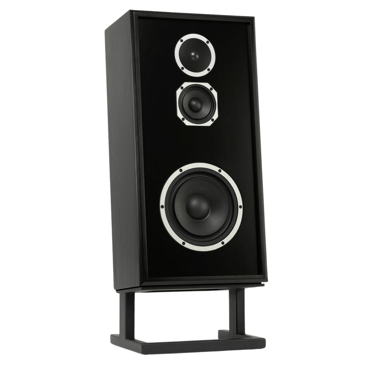 KLH Model 4 individual Loudspeaker in Black, angled and without Grille