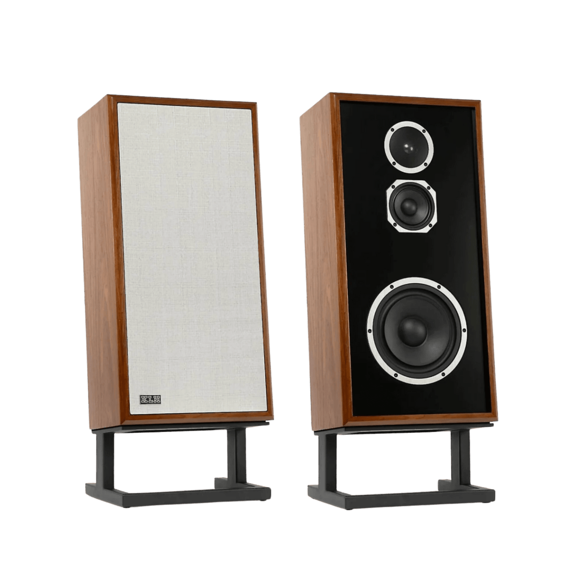 KLH Model 4 Loudspeaker Pair in Walnut, with and without grille