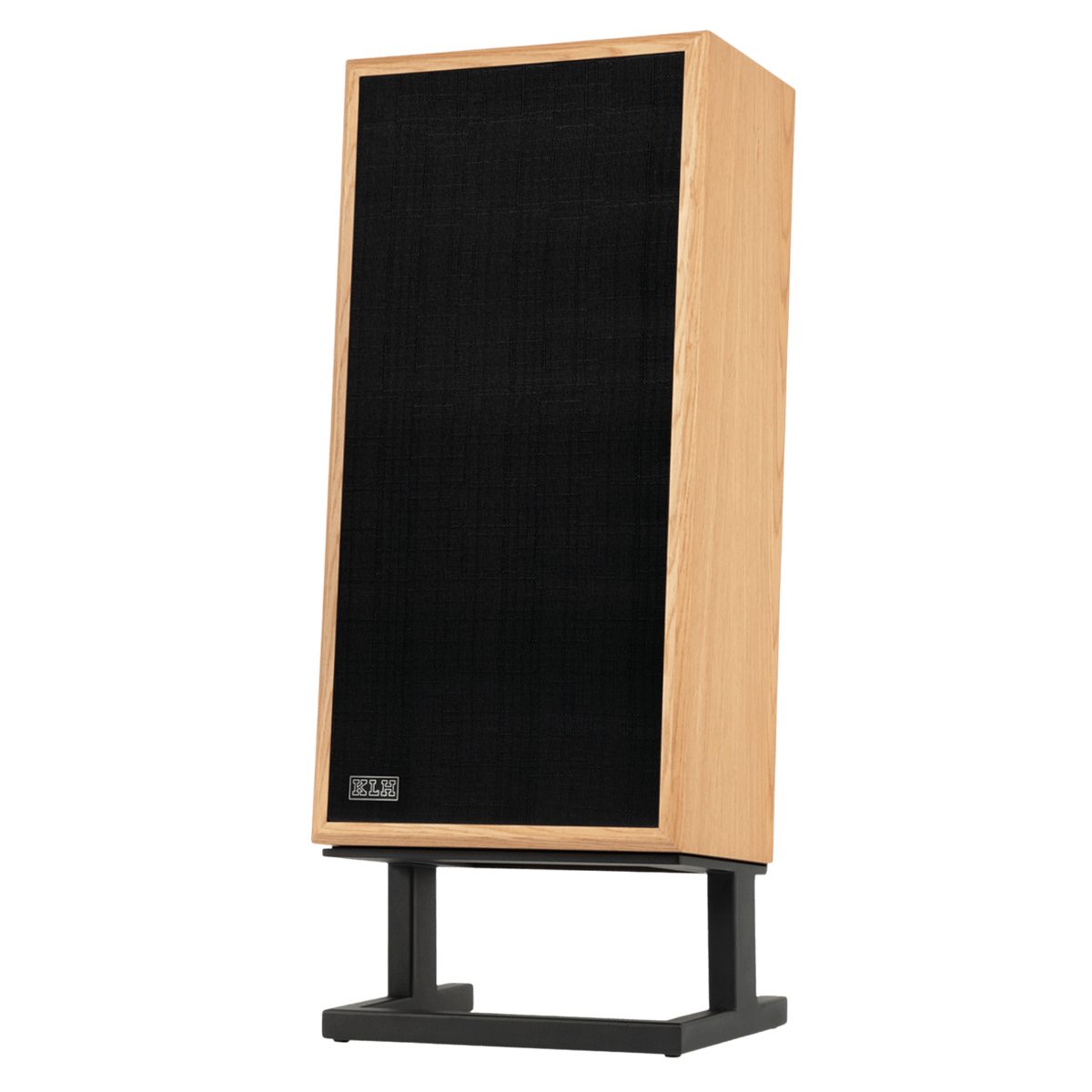 KLH Model 4 individual Loudspeaker in Oak, angled with Grille