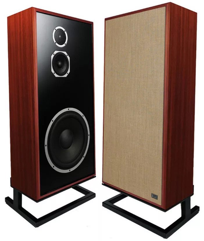 KLH Model 7 Loudspeakers in West African Mahogany (Pair) left without Grille, right with Grille
