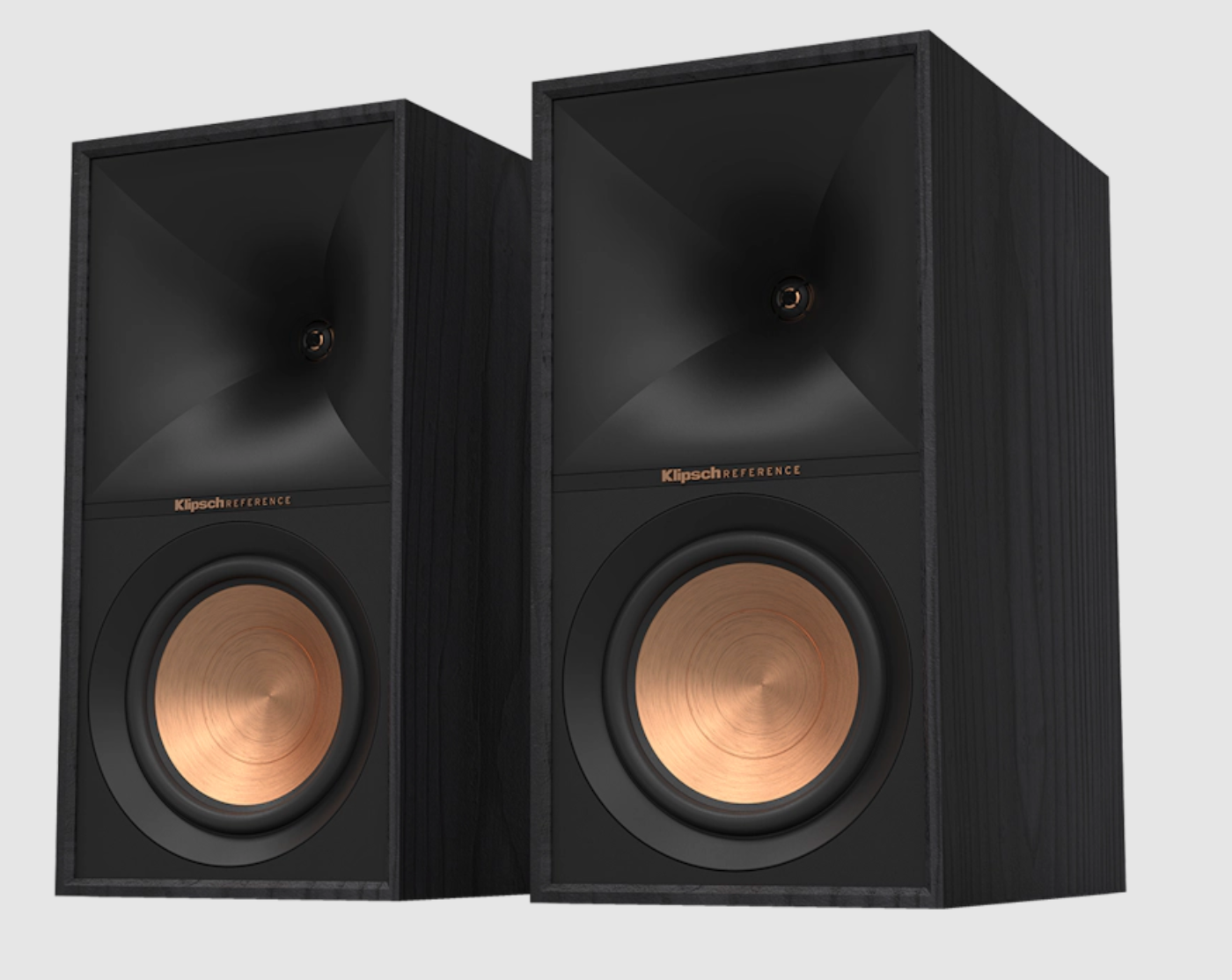 Klipsch R-60M Bookshelf Speakers in Ebony sold as a pair.  Image shown without grille and angled