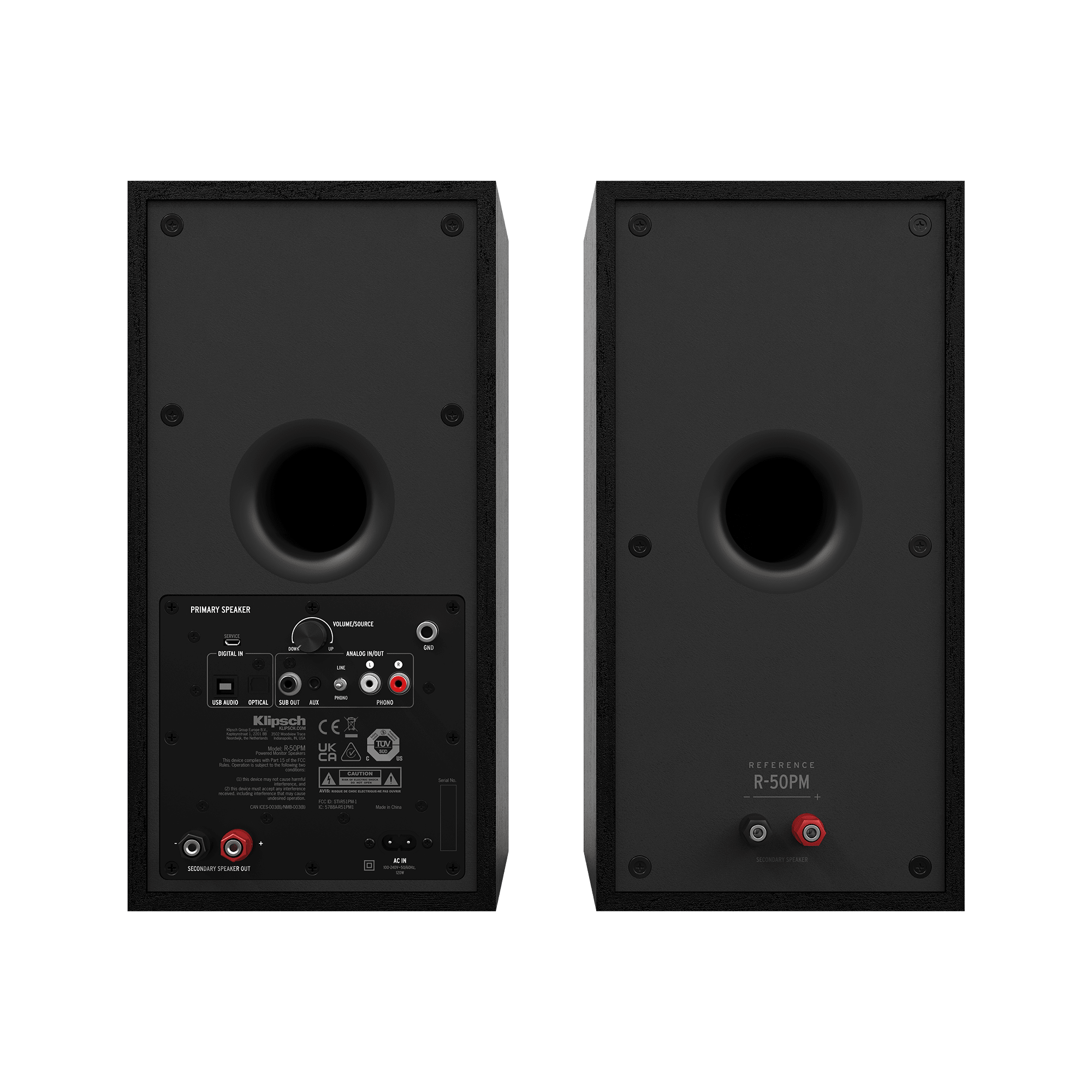 Klipsch R-50PM Powered Speakers with 5.25" Woofers. Rear of speakers
