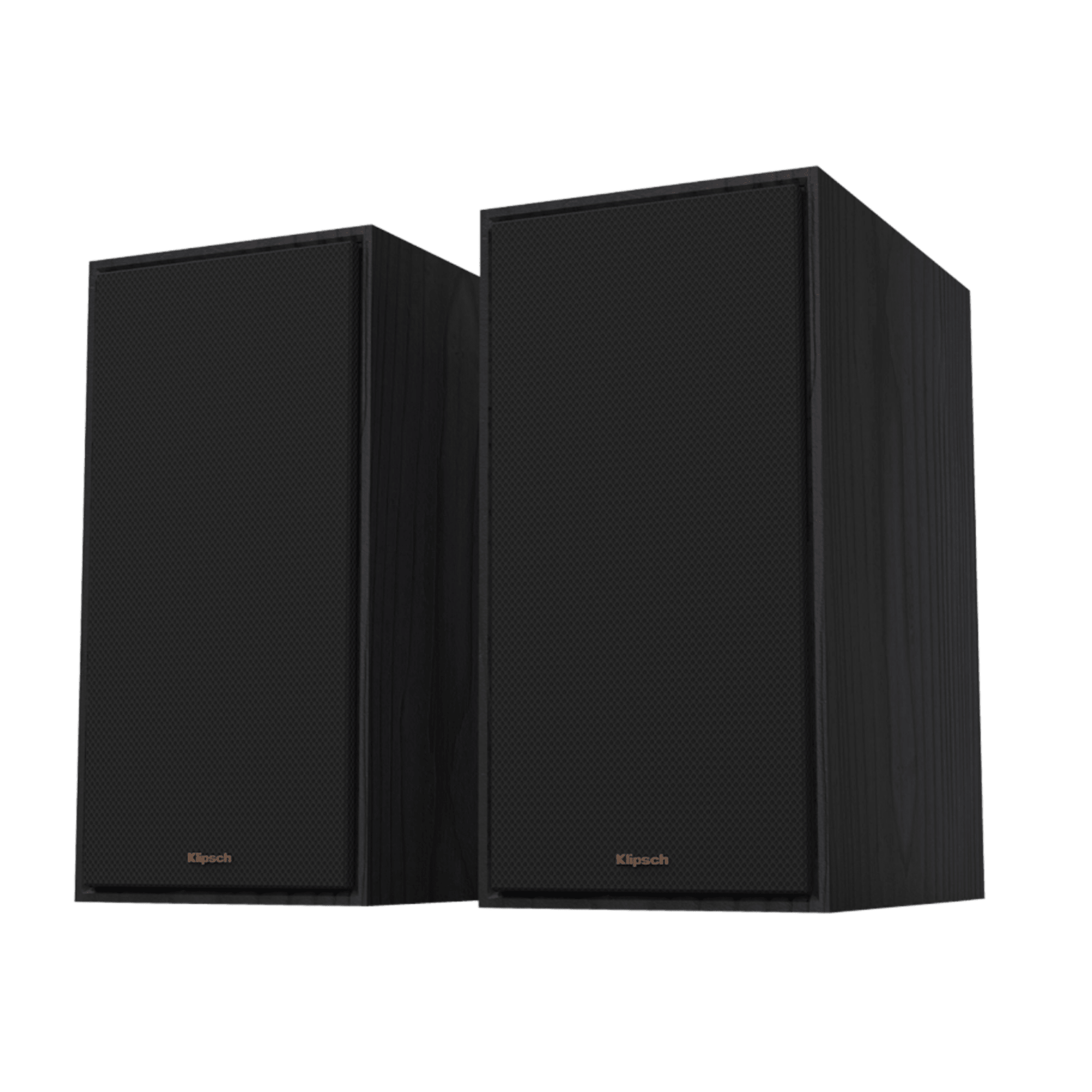 Klipsch R-60M Bookshelf Speakers in Ebony sold as a pair.  Image shown with grille and angled