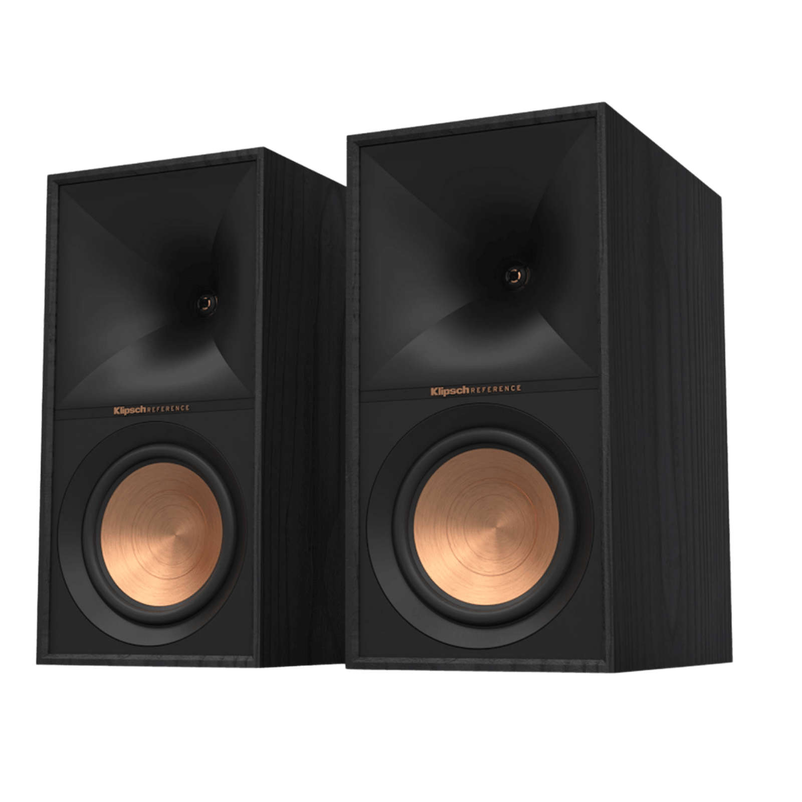 Klipsch R-60M Bookshelf Speakers in Ebony sold as a pair.  Image shown without grille and angled