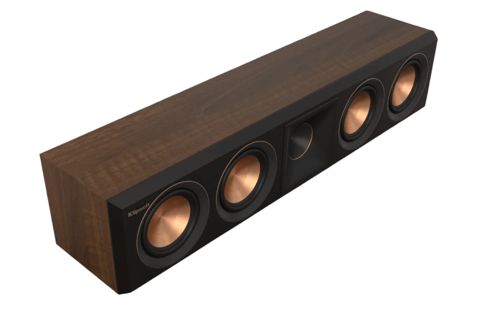 Klipsch RP-404C II Centre Channel Speaker in walnut, angled with no grille