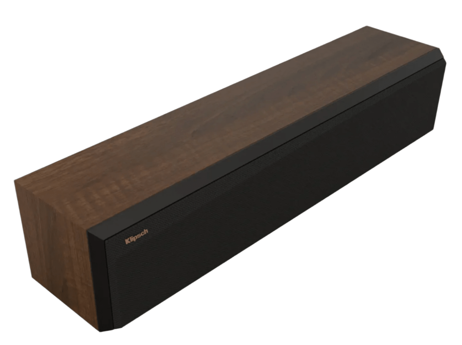 Klipsch RP-404C II Centre Channel Speaker in walnut, angled with grille