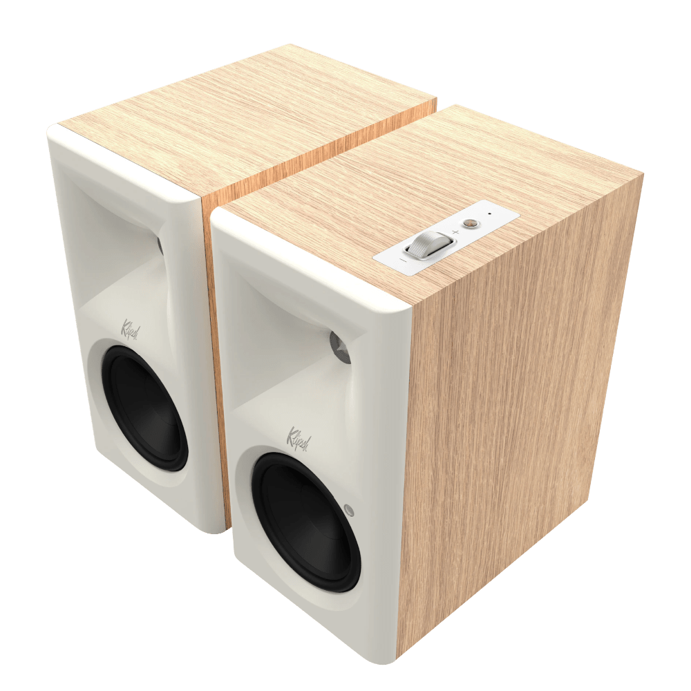 Klipsch The Fives II Powered Speaker pair in Red Oak, angled, no grille