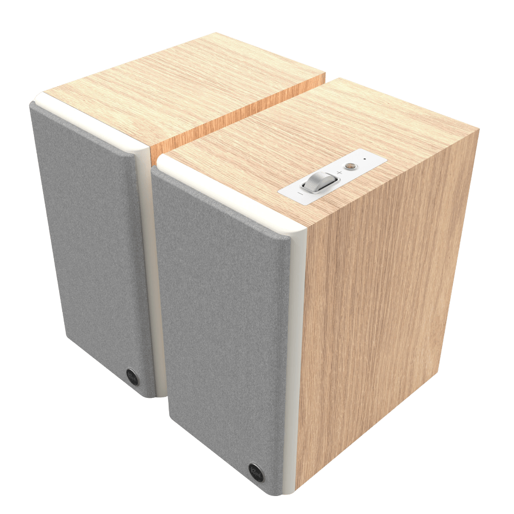 Klipsch The Fives II Powered Speaker pair in Red Oak, angled, with grille