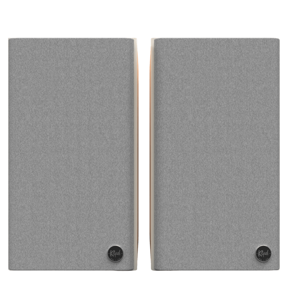 Klipsch The Fives II Powered Speaker pair in Red Oak, front, with grille