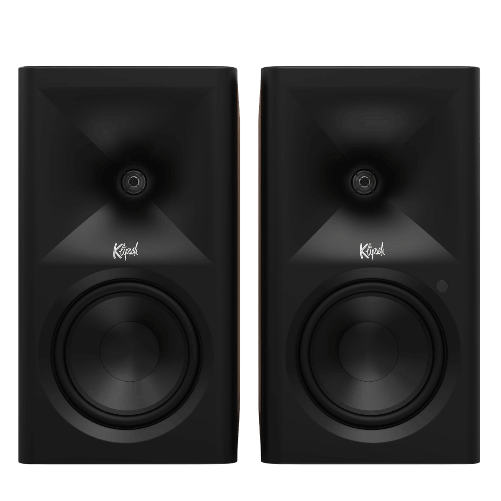Klipsch The Fives II Powered Speaker pair in Walnut, front, no grille