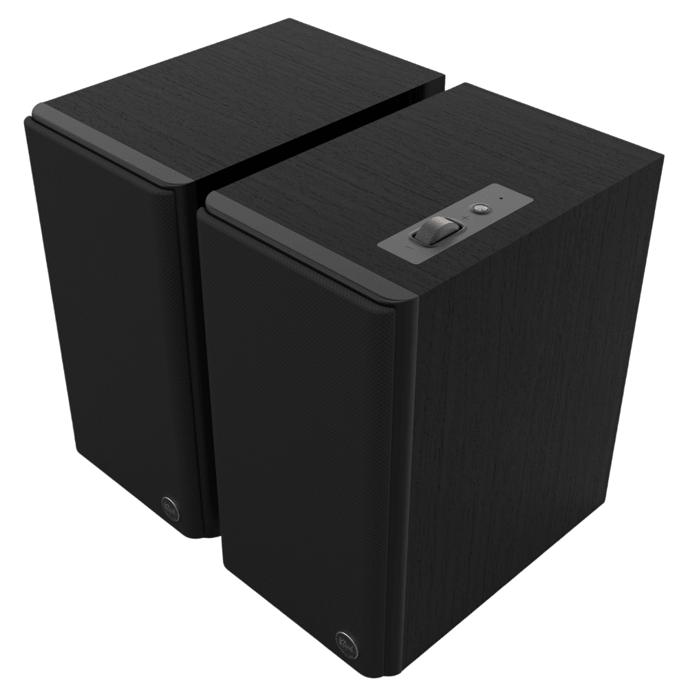 Klipsch The Fives II Powered Speaker pair in Ebony, angled, with grille