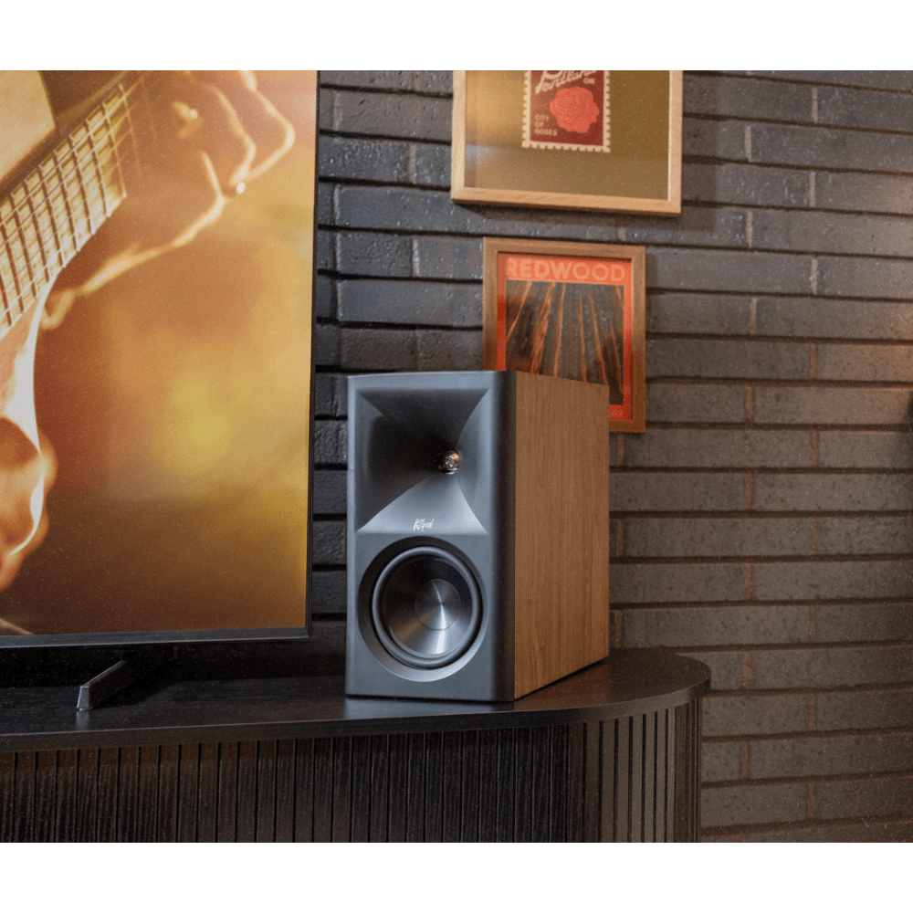 Klipsch The Fives II Powered  Speakers in Walnut, in room setup