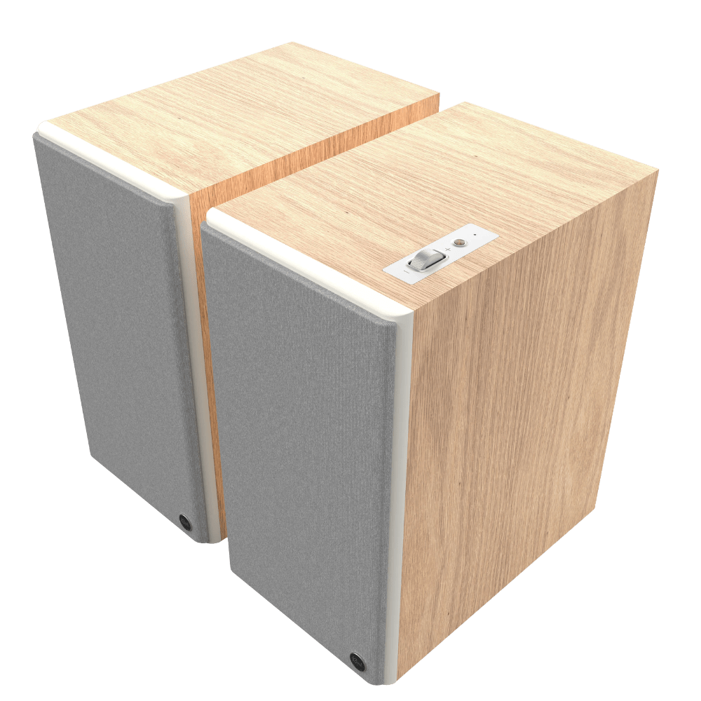 Klipsch The Nines II Powered Speakers in Red Oak, angled with grilles
