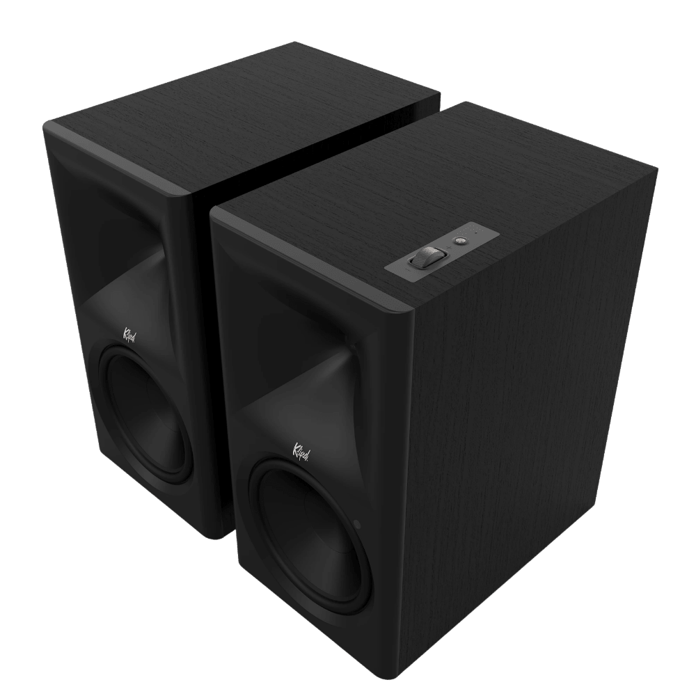 Klipsch The Nines II Powered Speakers in Ebony, angled without grilles