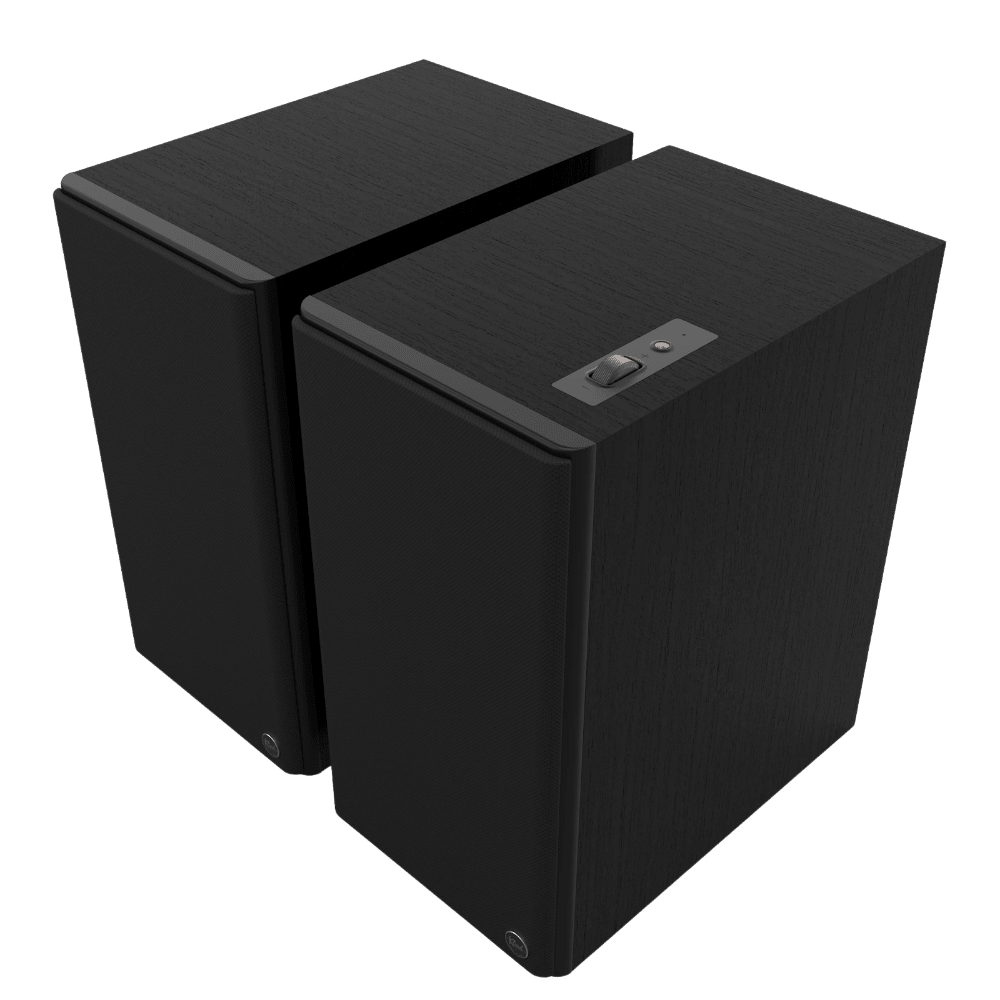 Klipsch The Nines II Powered Speakers in Ebony, angled with grilles