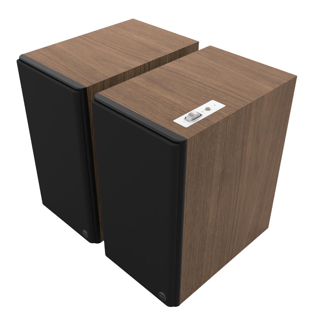 Klipsch The Nines II Powered Speakers in Walnut, angled with grilles