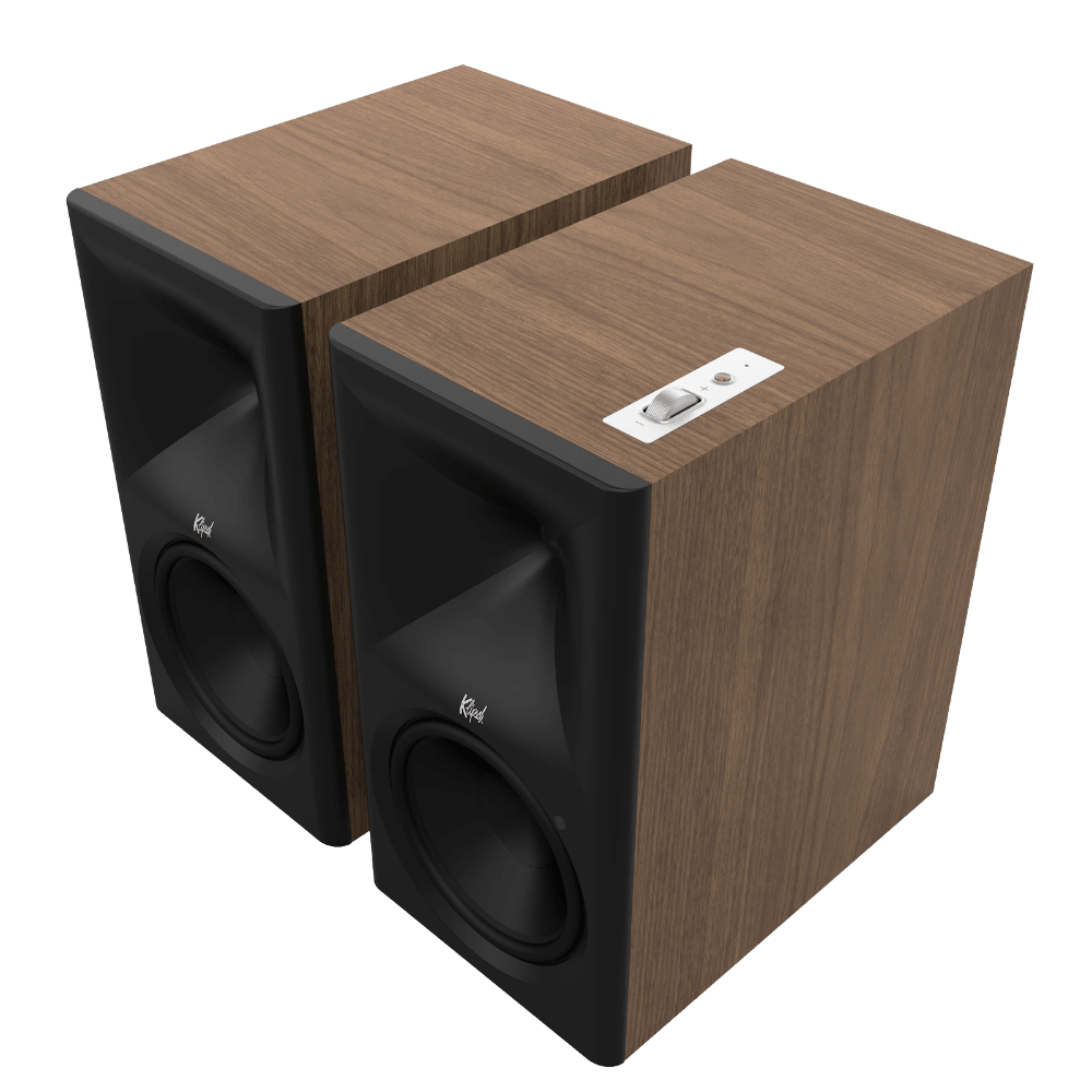 Klipsch The Nines II Powered Speakers in Walnut, angled without grilles
