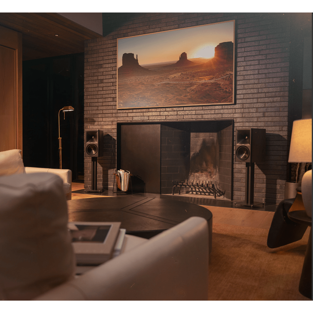 Klipsch The Nines II Powered Speakers in Walnut, in room set up