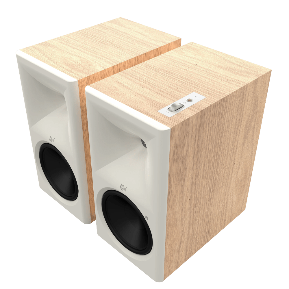 Klipsch The Nines II Powered Speakers in Red Oak, angled without grilles