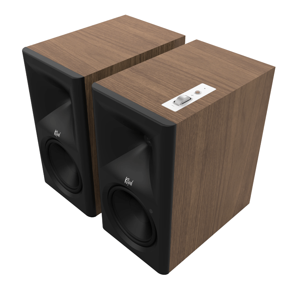 Klipsch The Sevens II Powered Speaker Pair in Walnut, angled without grille
