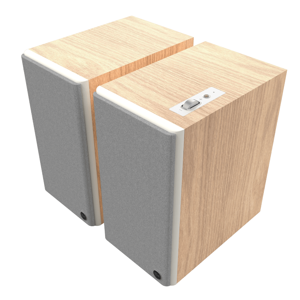 Klipsch The Sevens II Powered Speaker Pair in Red Oak, angled with grille
