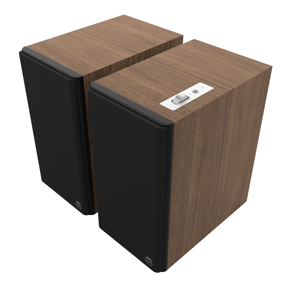 Klipsch The Sevens II Powered Speaker Pair in Walnut, angled with grille