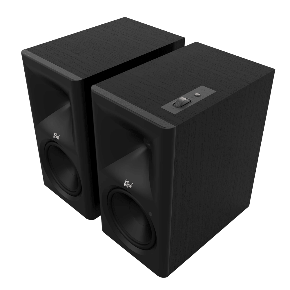 Klipsch The Sevens II Powered Speaker Pair in Ebony, angled without grille