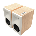 Klipsch The Sevens II Powered Speaker Pair in Red Oak, angled without grille