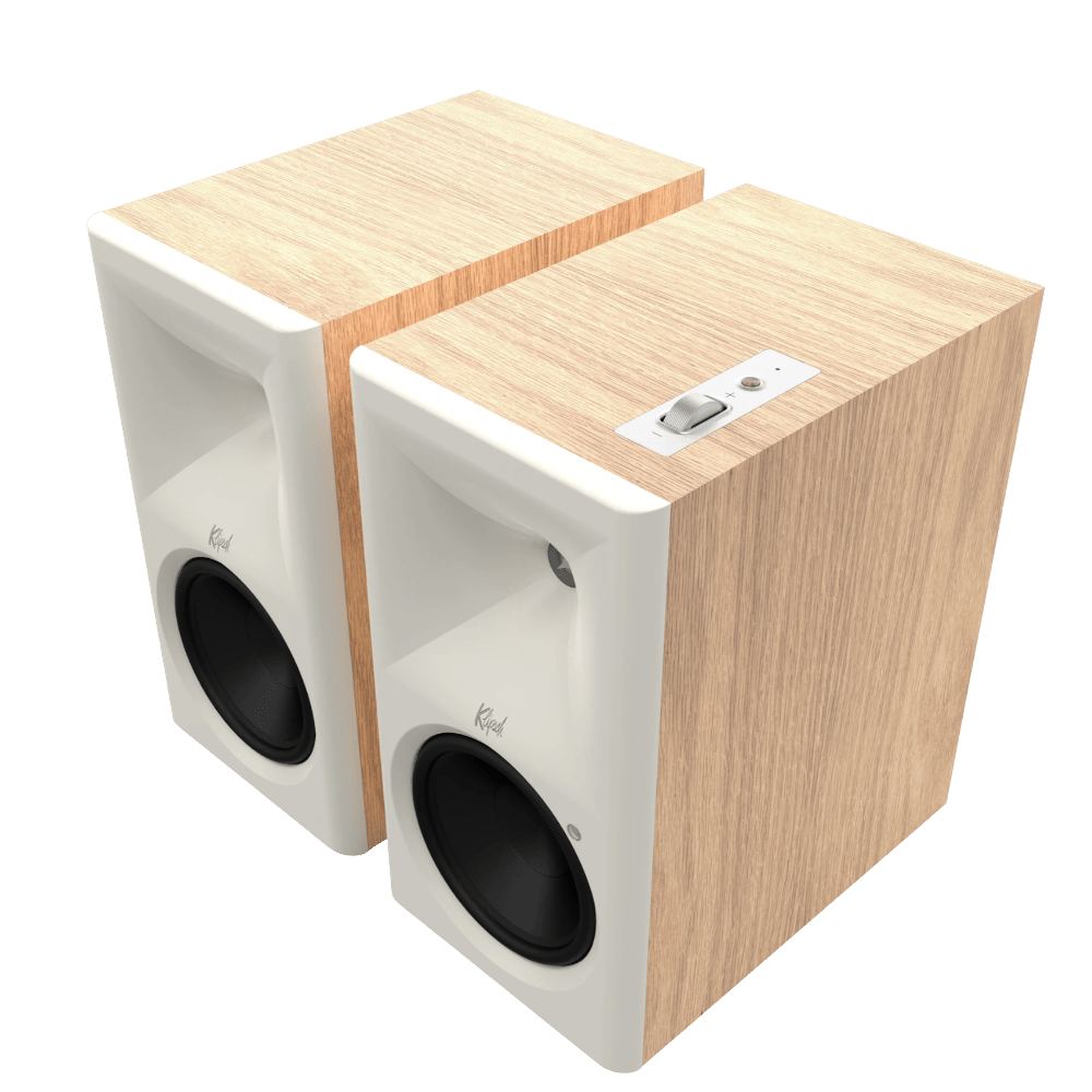 Klipsch The Sevens II Powered Speaker Pair in Red Oak, angled without grille