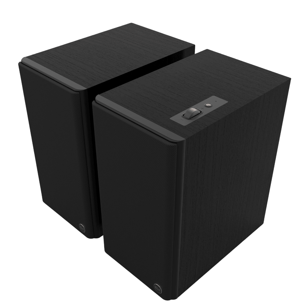 Klipsch The Sevens II Powered Speaker Pair in Ebony, angled with grille