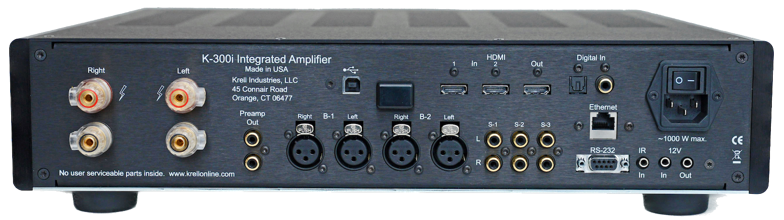 KRELL K-300i Integrated Stereo Amplifier in Black. Rear of unit