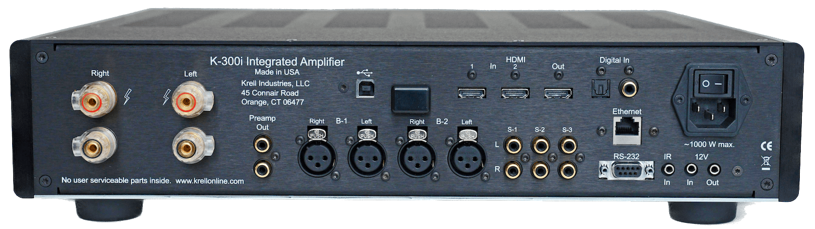 KRELL K-300i Integrated Stereo Amplifier in Black. Rear of unit
