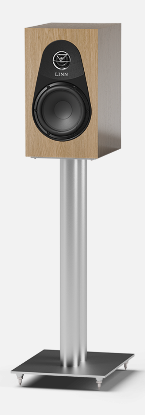 Linn 119 Bookshelf Speakers in Oak on silver stand