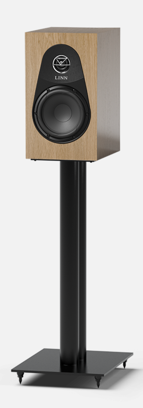Linn 119 Bookshelf Speakers in Oak on black stand