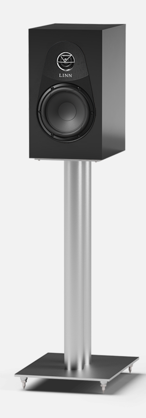 Linn 119 Bookshelf Speakers in Satin Black shown on silver stand