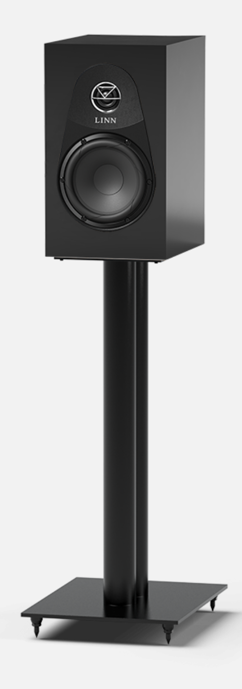 Linn 119 Bookshelf Speakers in Satin Black shown on black stand