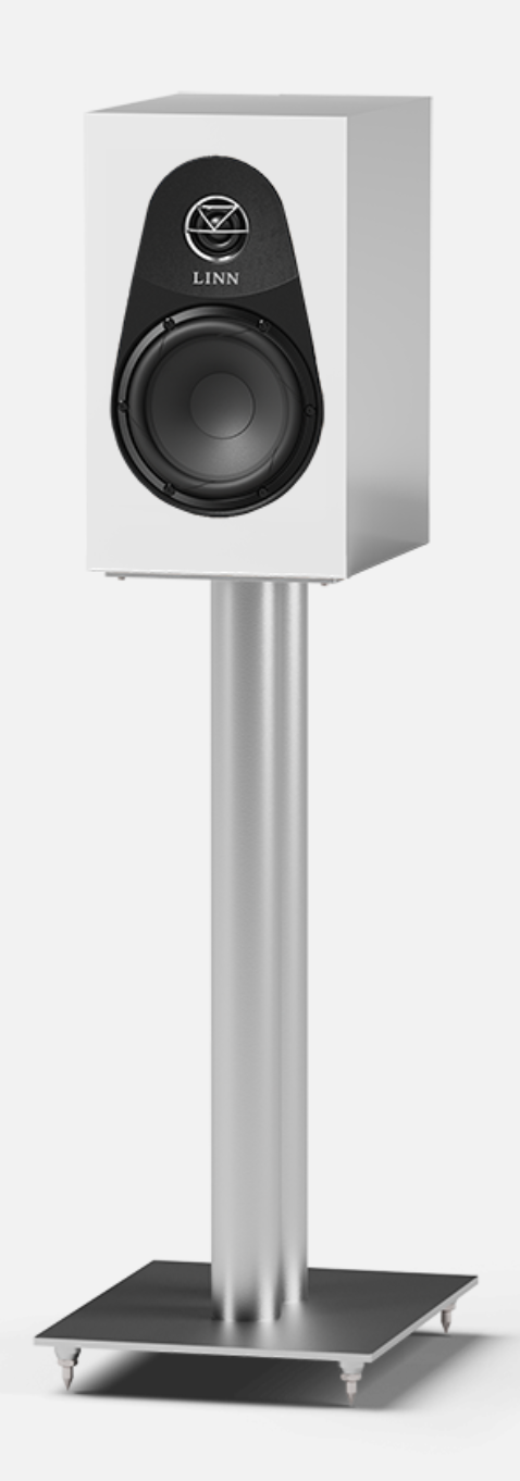 Linn 119 Bookshelf Speakers in Satin White  with Silver stand