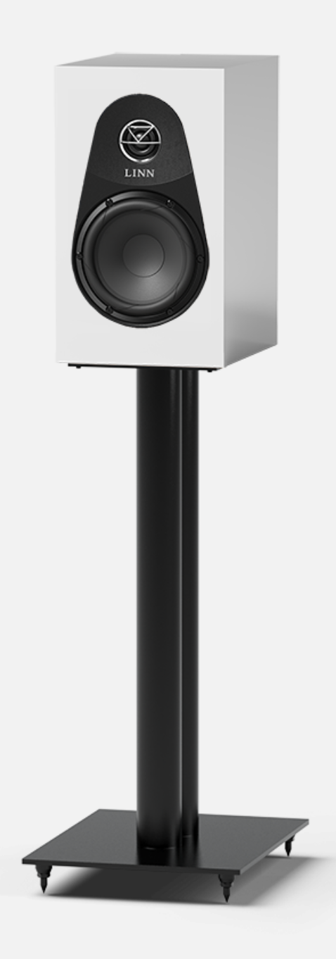 Linn 119 Bookshelf Speakers in Satin White  with black stand